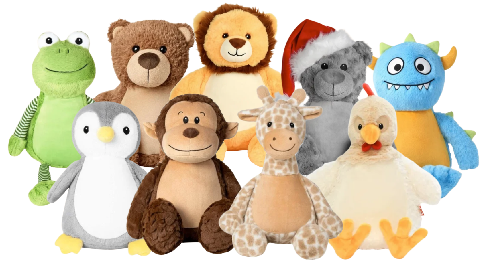 Collection of various plush toys on a white background