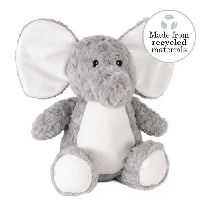 Plush elephant toy with 'Made from recycled materials' label on a white background