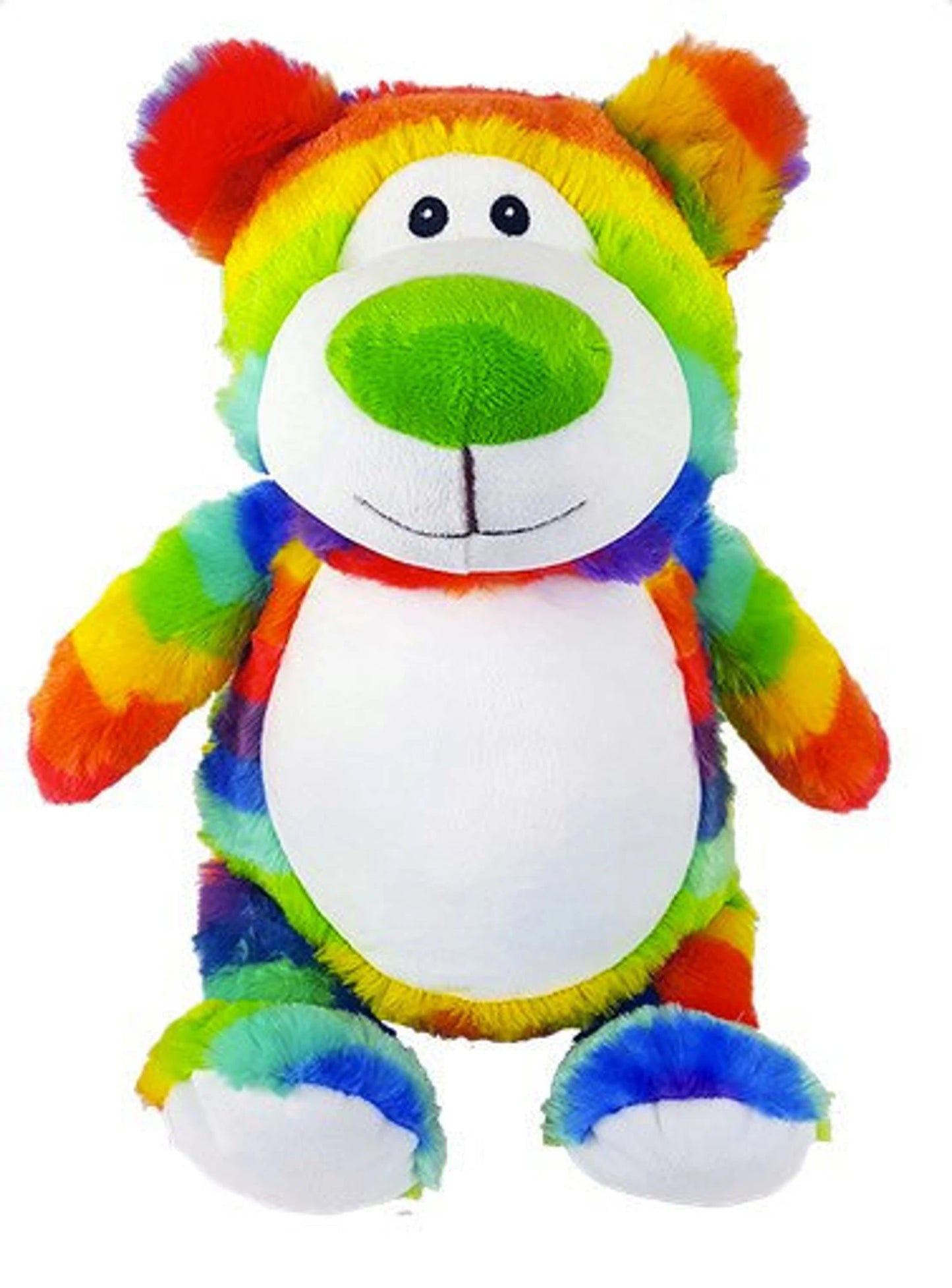 Colorful plush toy with a white face on a white background