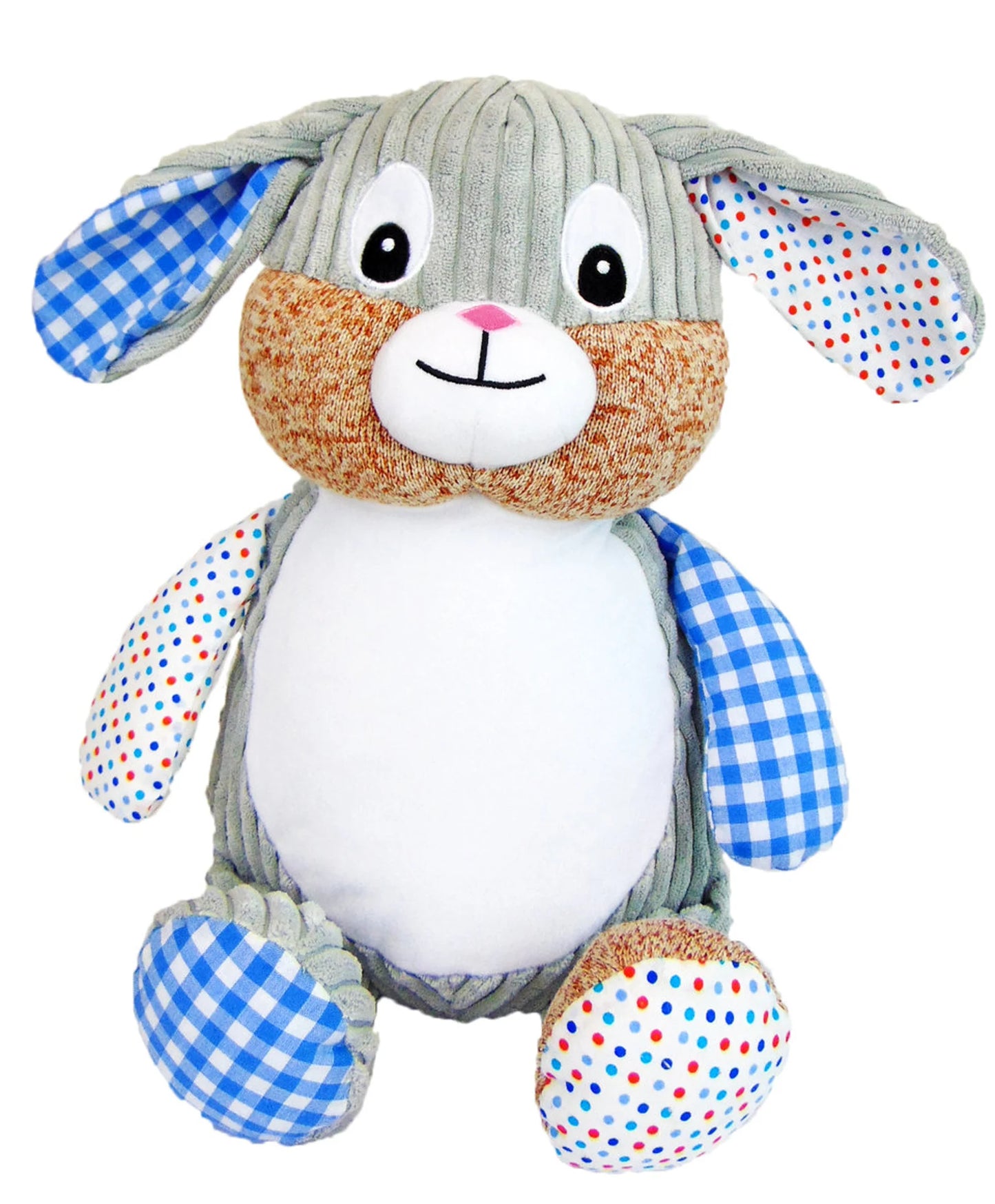 Plush toy rabbit with checkered and polka dot ears on a white background