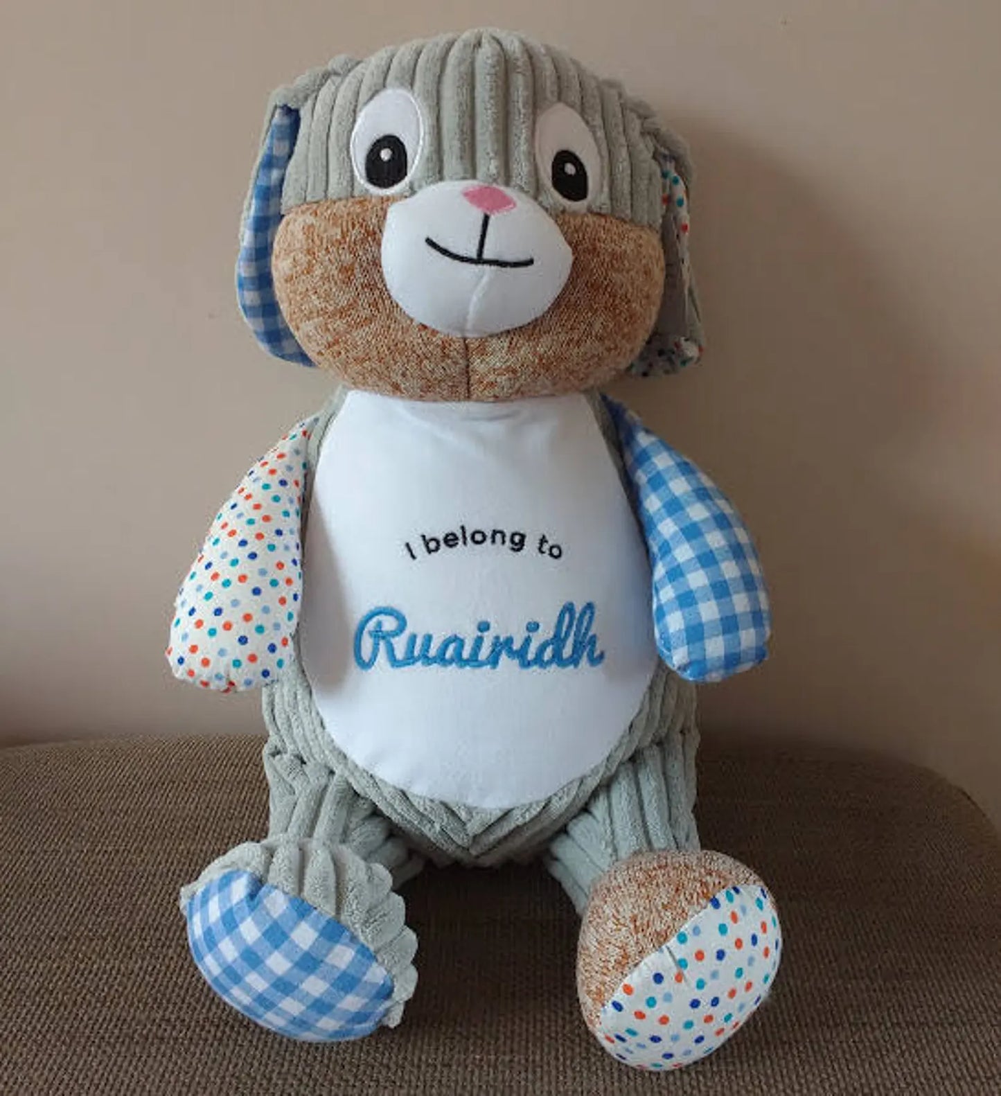 Plush toy with a white shirt displaying 'I belong to Ruairidh' on a brown background