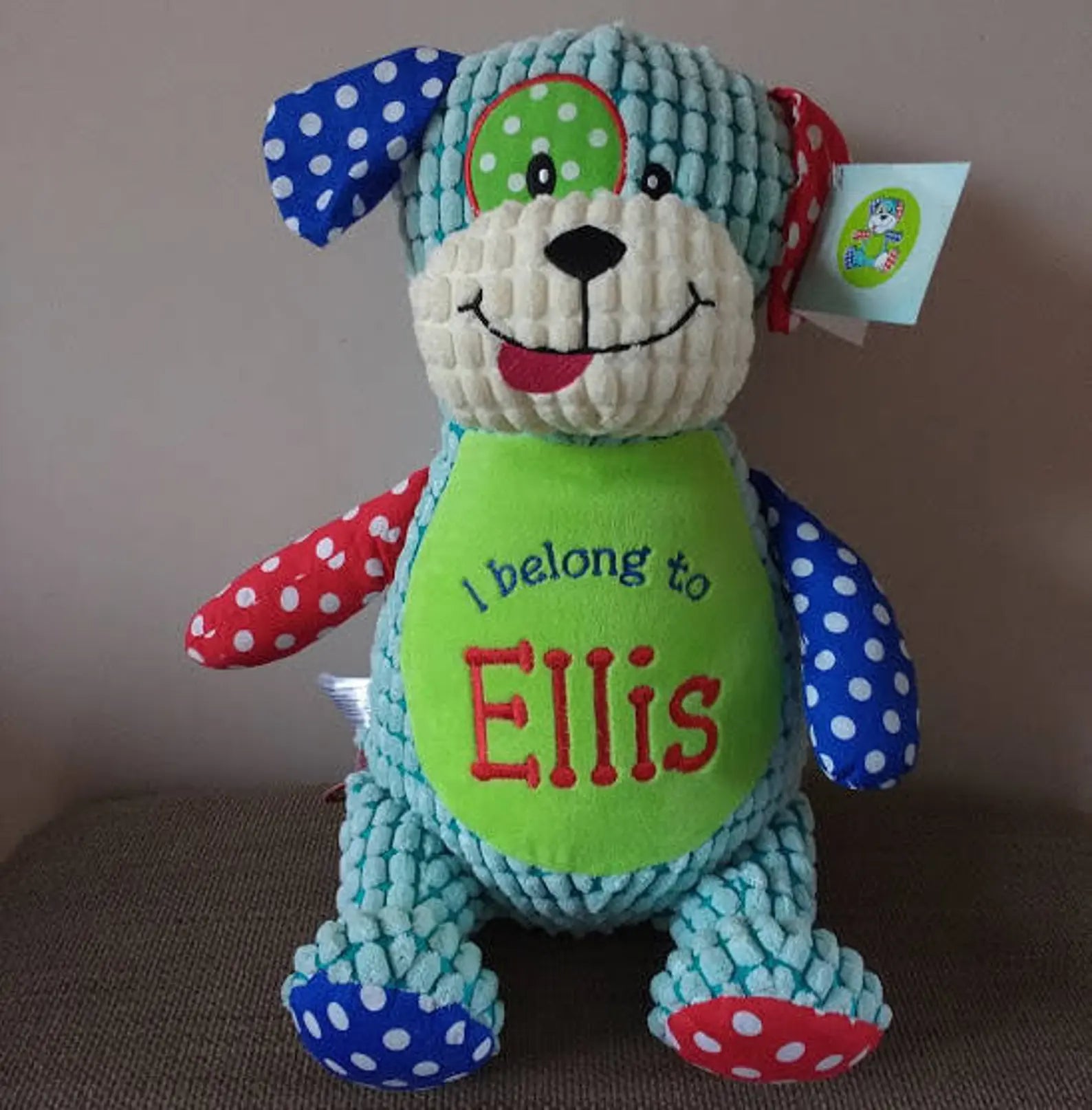 Colorful plush toy with 'I belong to Ellis' text on a plain background