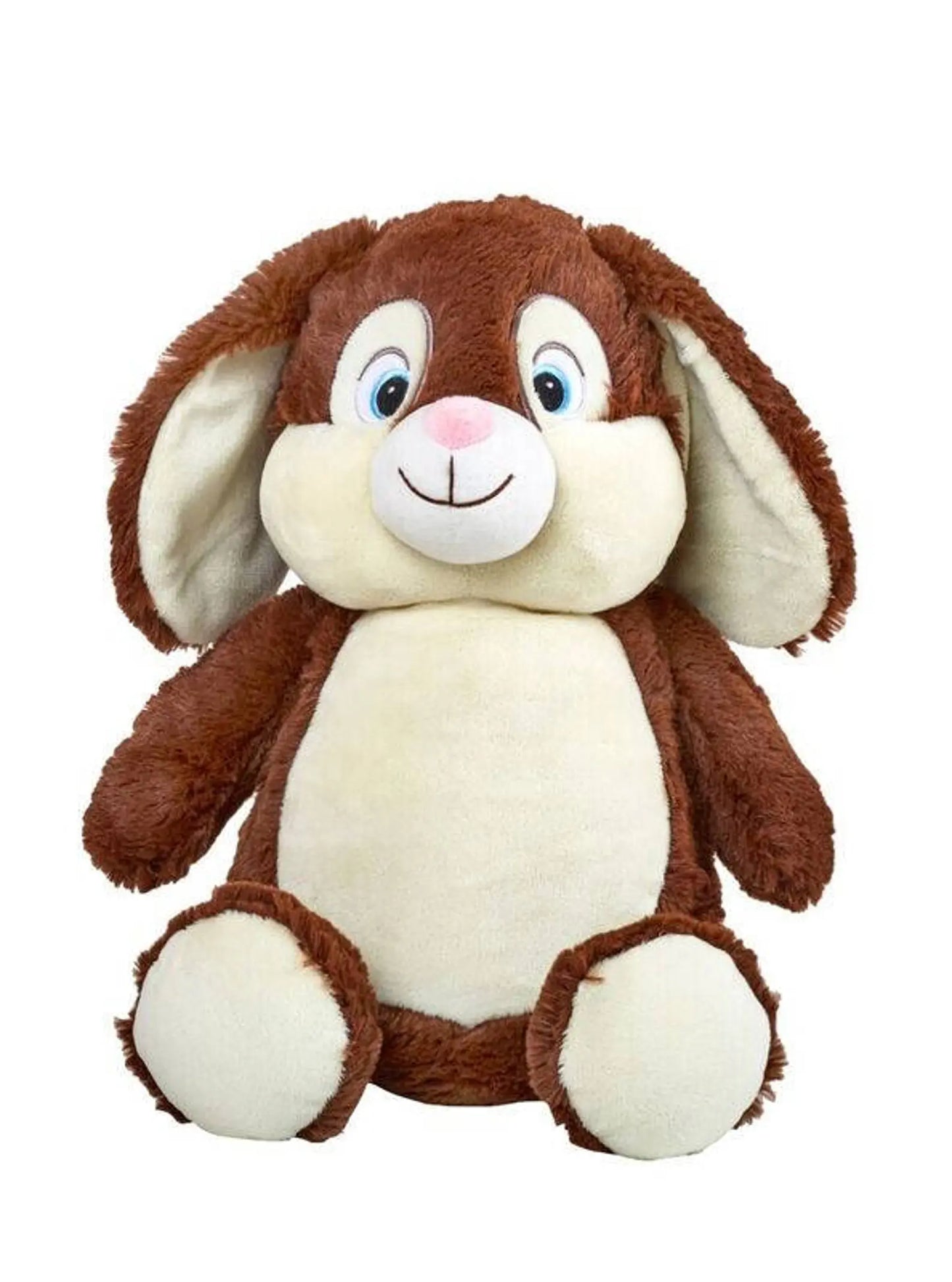 Plush toy rabbit with brown and white fur on a white background