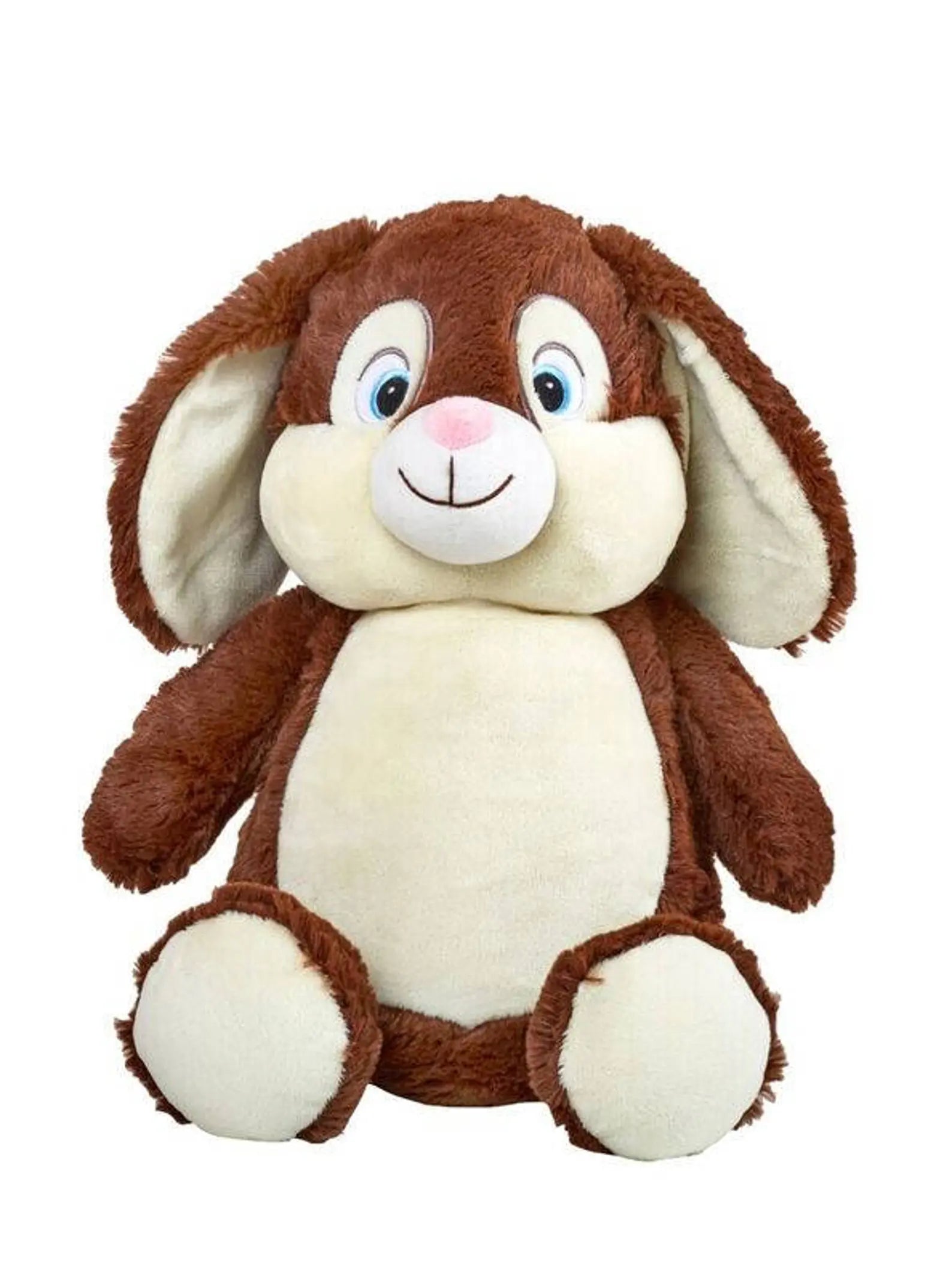 Plush toy rabbit with brown and white fur on a white background