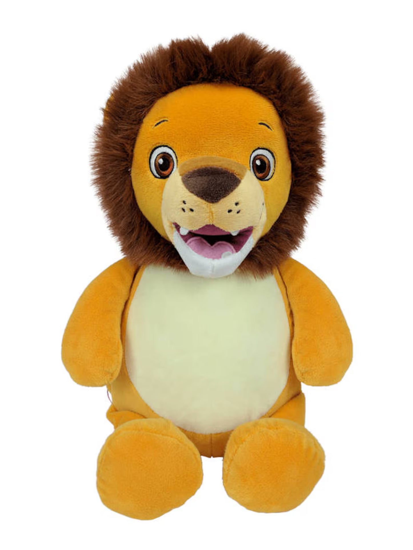 Plush lion toy with a happy expression on a white background