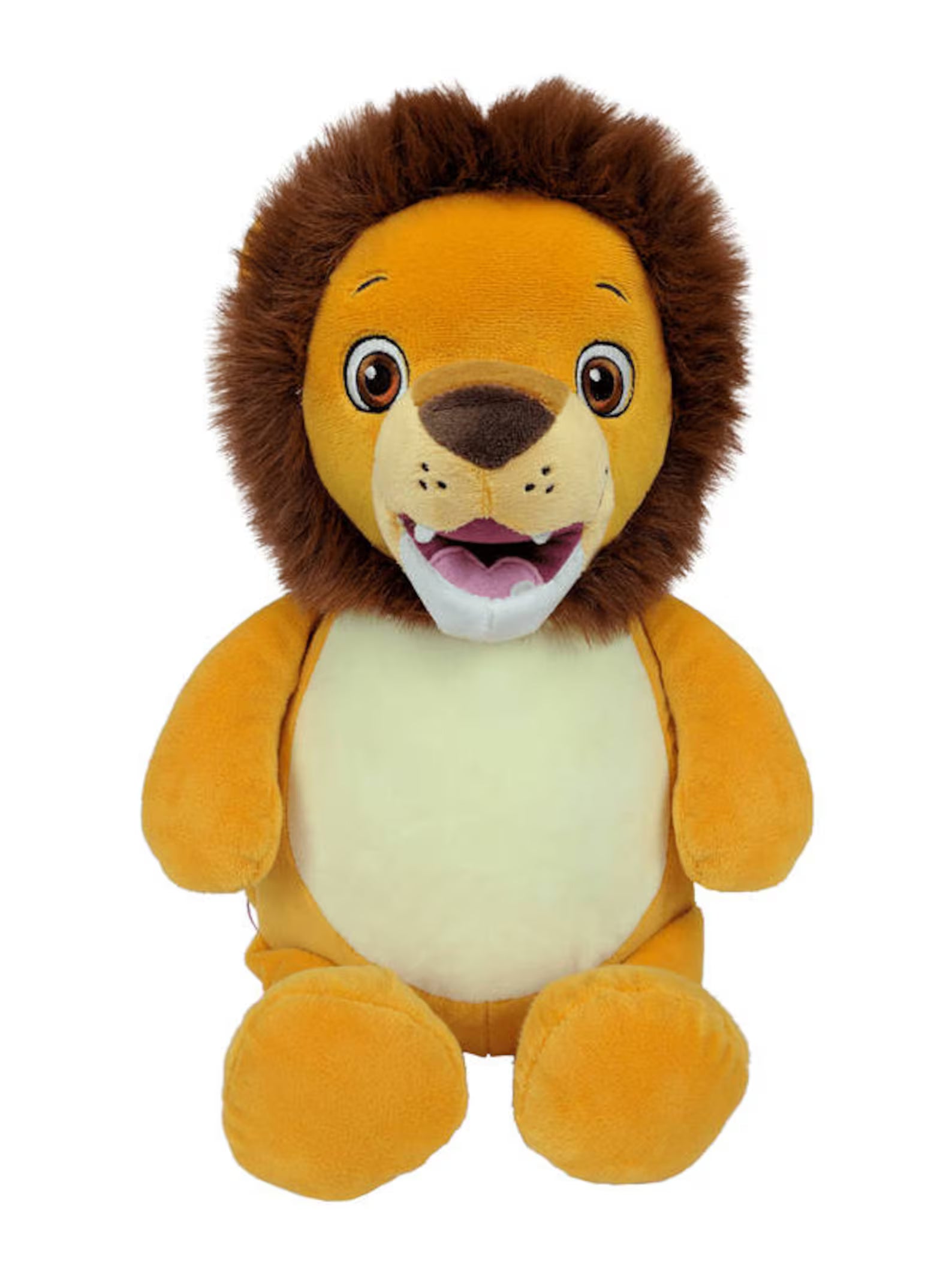 Plush lion toy with a happy expression on a white background