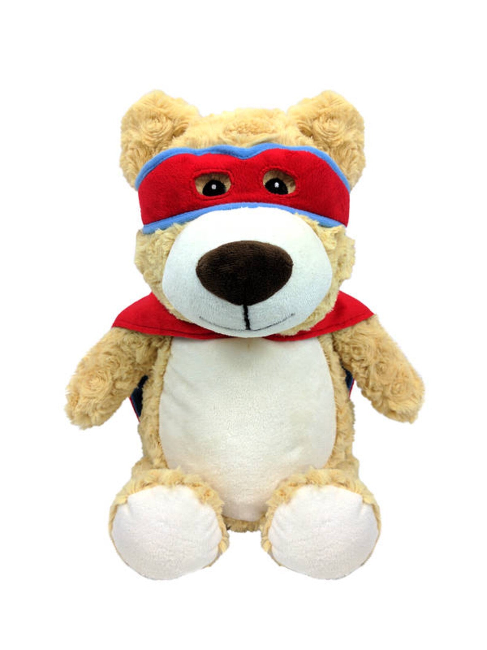 Plush toy bear wearing a red superhero cape and mask on a white background