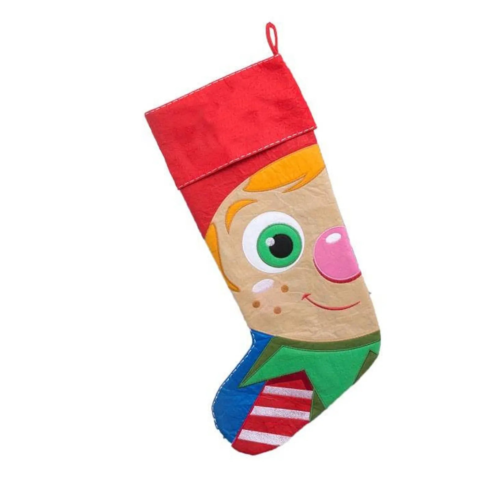 Colorful Christmas stocking with a cartoon face design on a white background