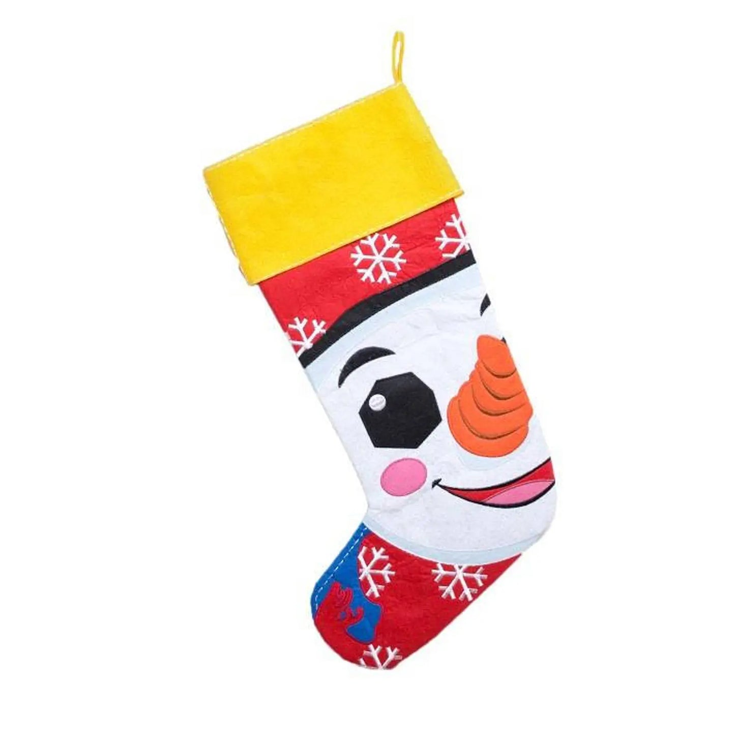 Christmas stocking with a snowman design on a white background