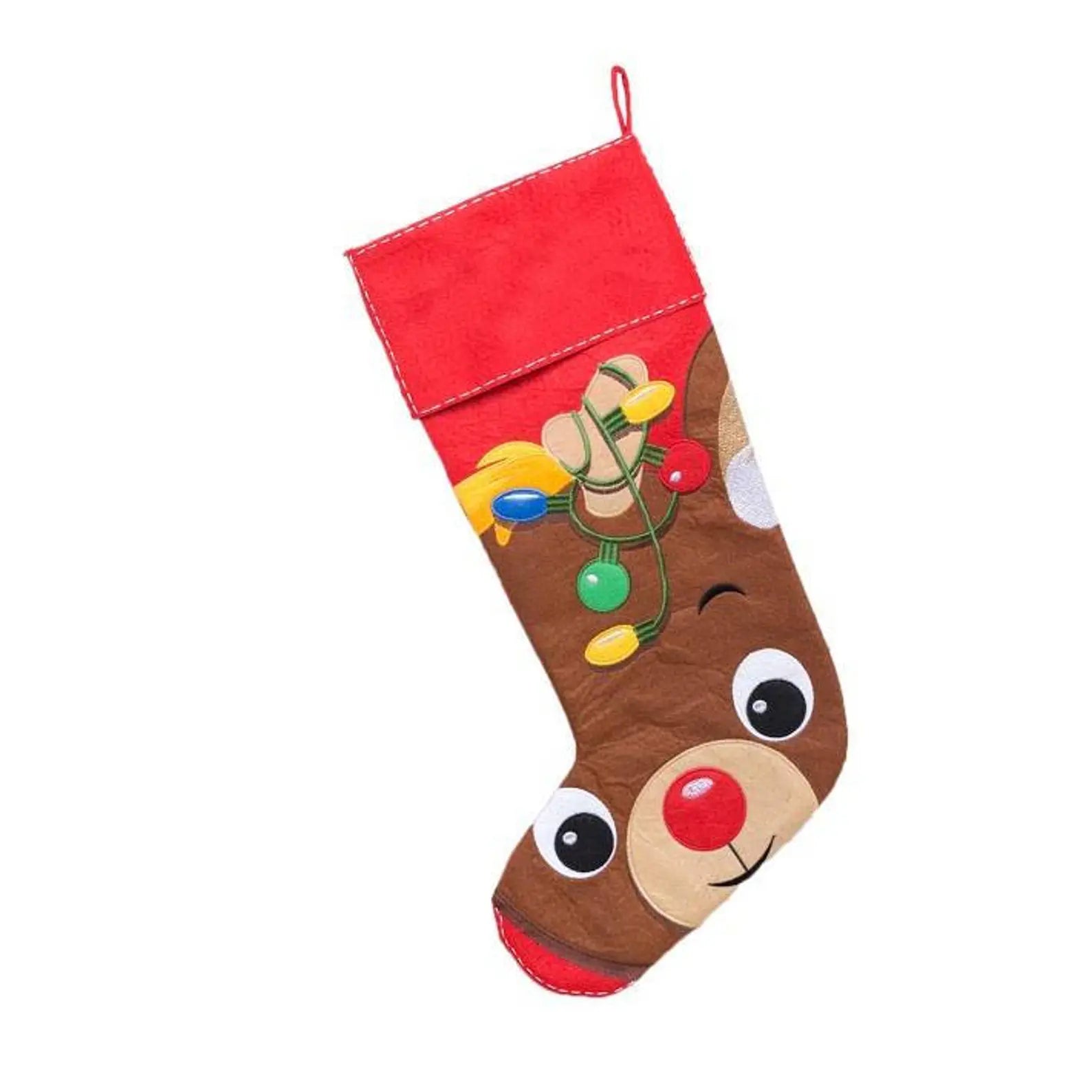 Red Christmas stocking with a reindeer design on a white background