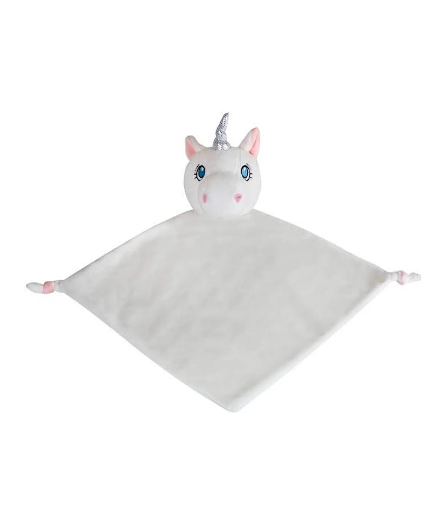 Plush unicorn toy with a white blanket on a white background