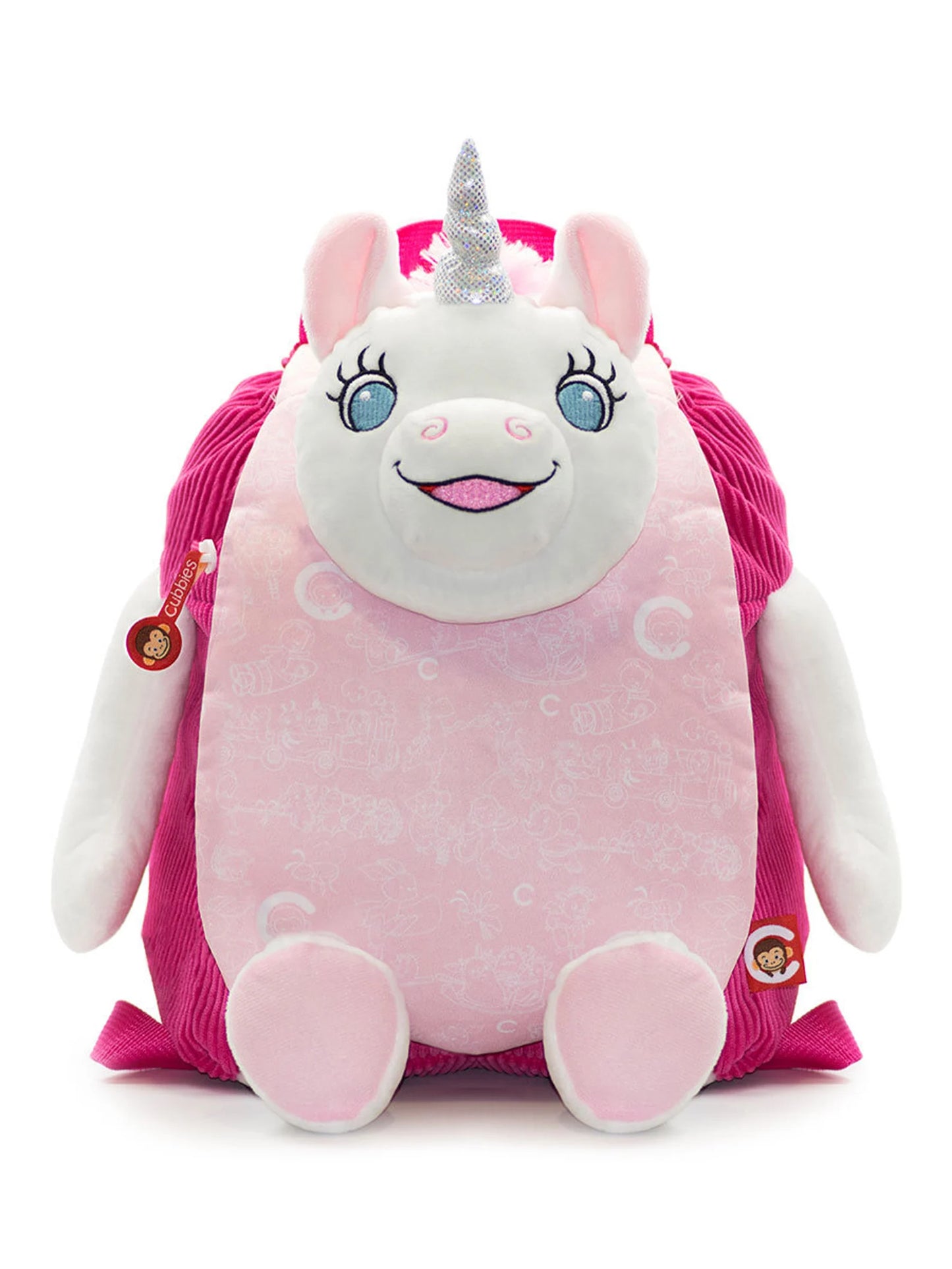 Pink unicorn plush bag with a silver horn on a white background