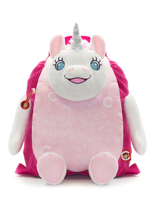 Pink unicorn plush bag with a silver horn on a white background