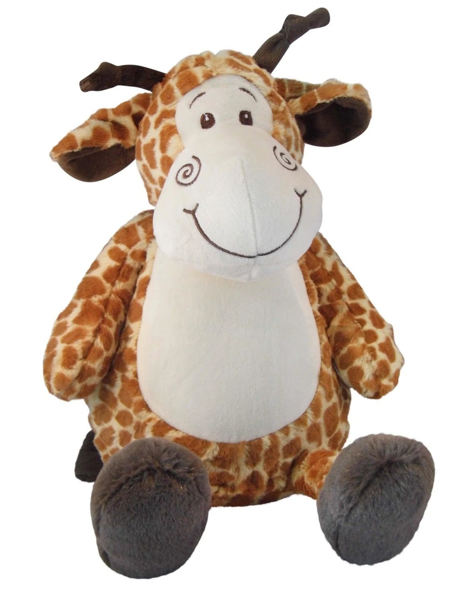 Plush toy giraffe with a smiling face on a white background