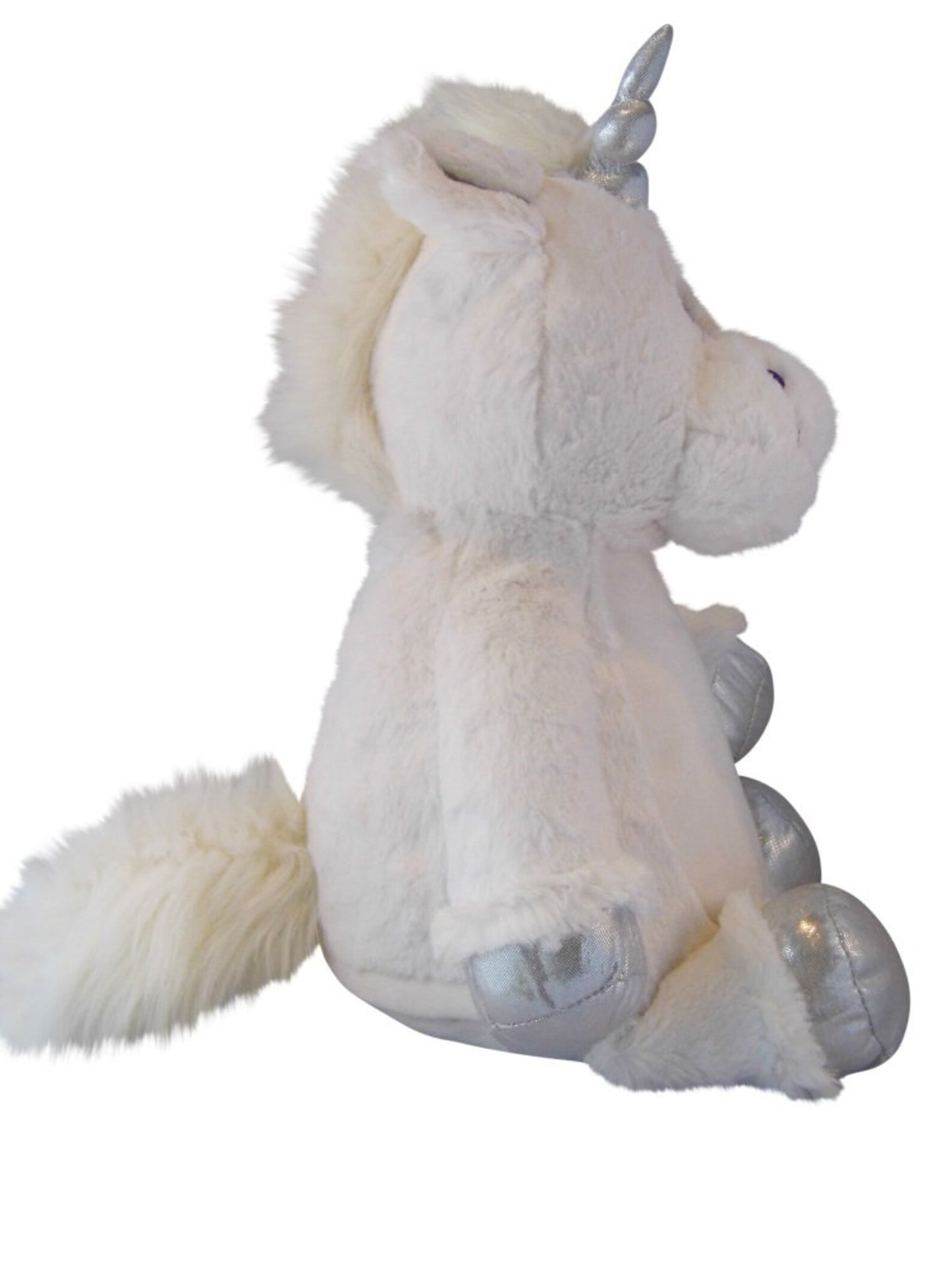 White plush unicorn toy with a silver horn on a white background