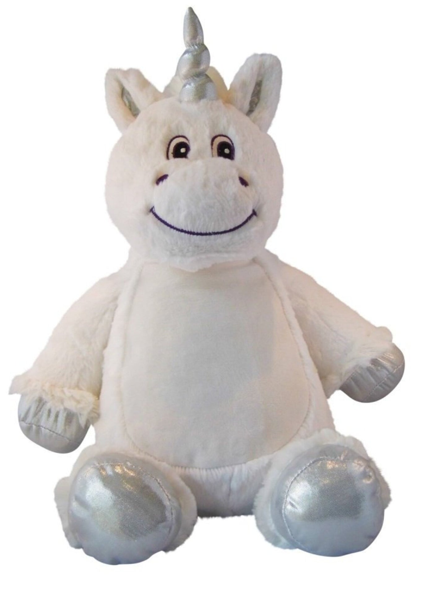 Plush unicorn toy with a white body and silver horn on a white background
