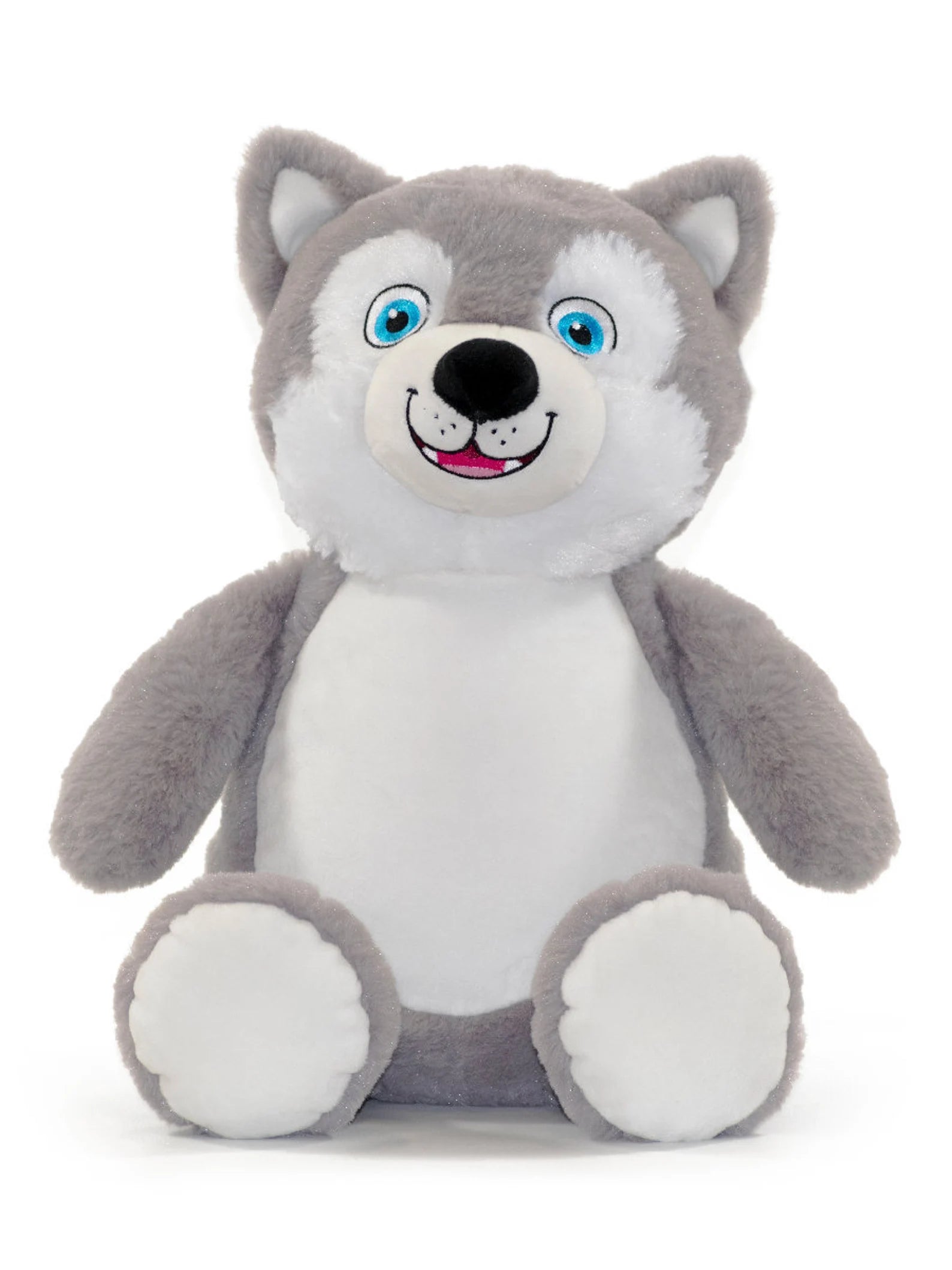 Plush toy wolf with gray and white fur on a white background