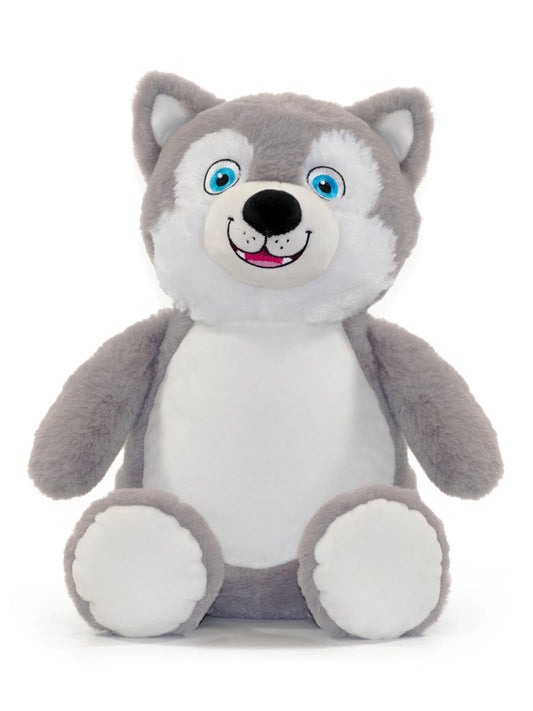 Plush toy wolf with gray and white fur on a white background