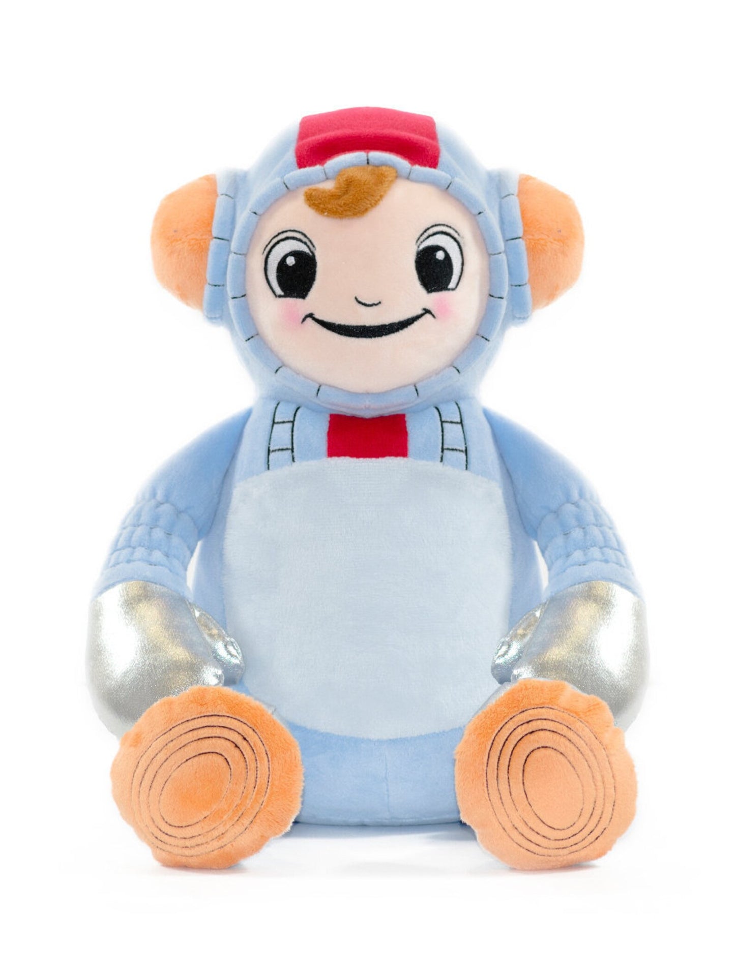 Plush toy with a character wearing a blue outfit and red hat on a white background