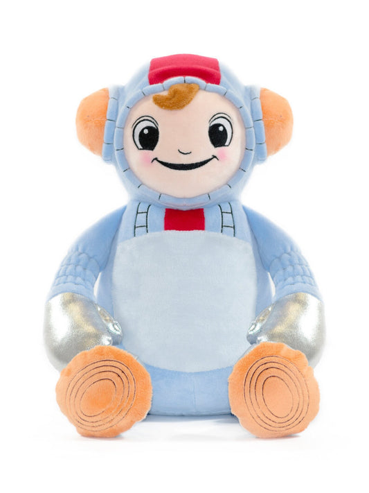 Plush toy with a character wearing a blue outfit and red hat on a white background
