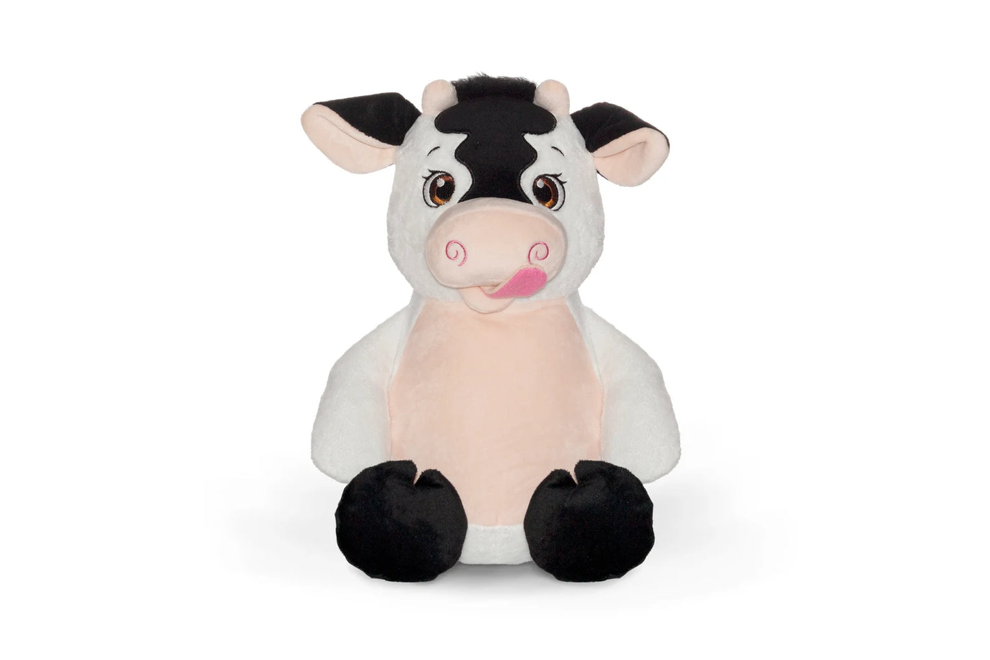 Plush cow toy with black and white pattern on a white background