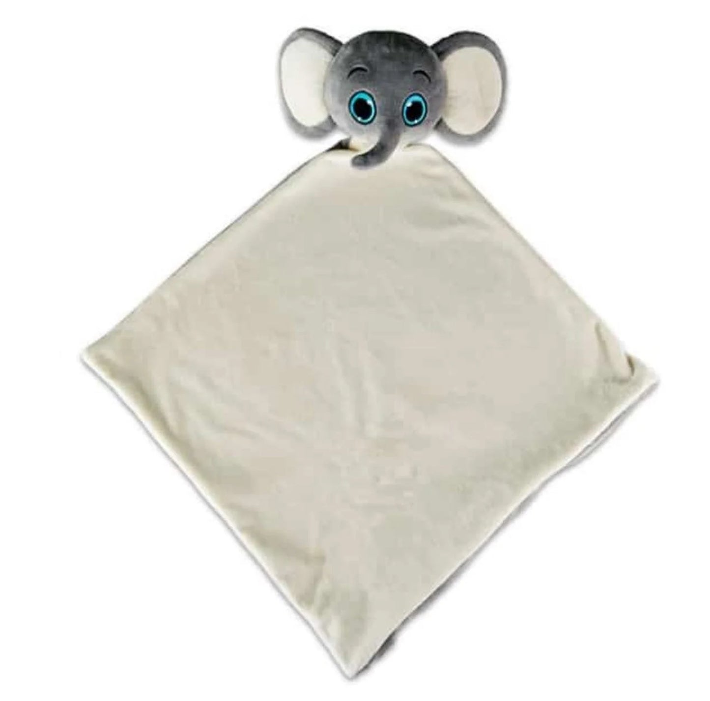 Plush elephant toy with a beige blanket on a white background