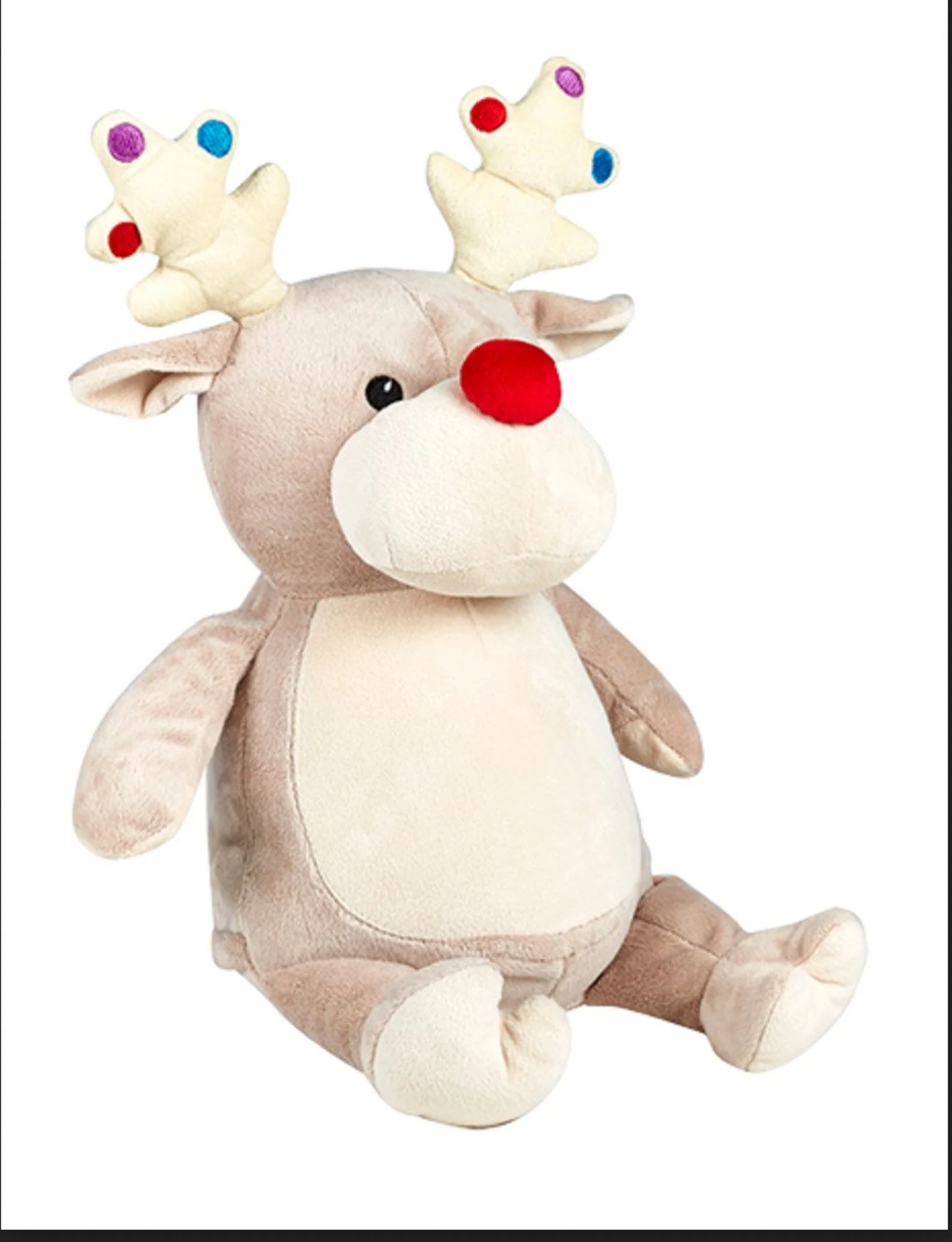 Plush reindeer toy with colorful antlers on a white background