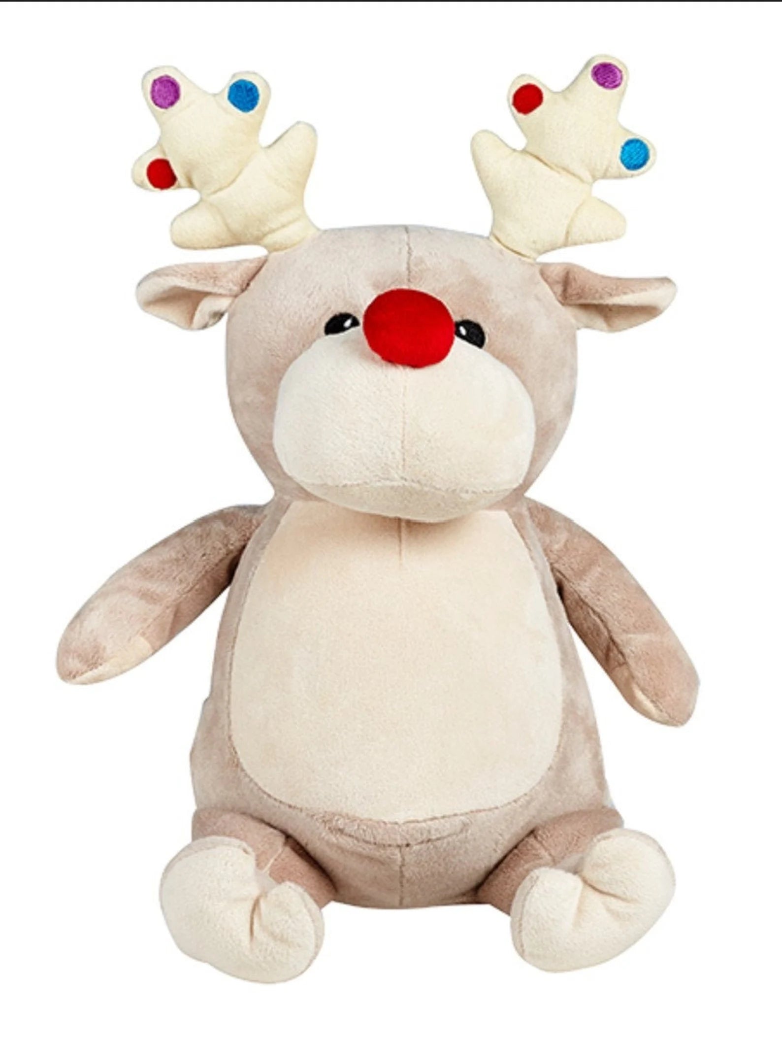Plush reindeer toy with colorful antlers on a white background