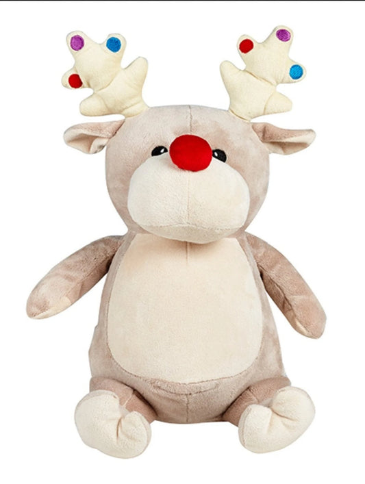 Plush reindeer toy with colorful antlers on a white background
