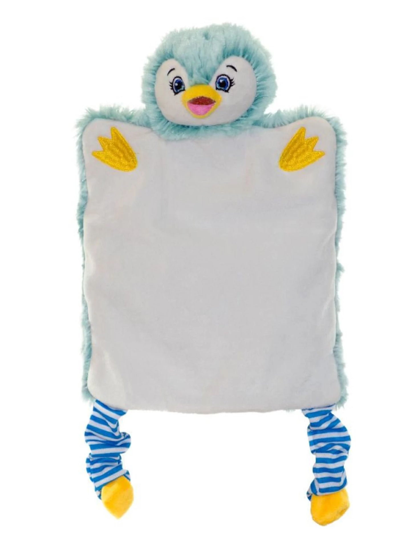 Plush toy penguin with a white belly on a white background