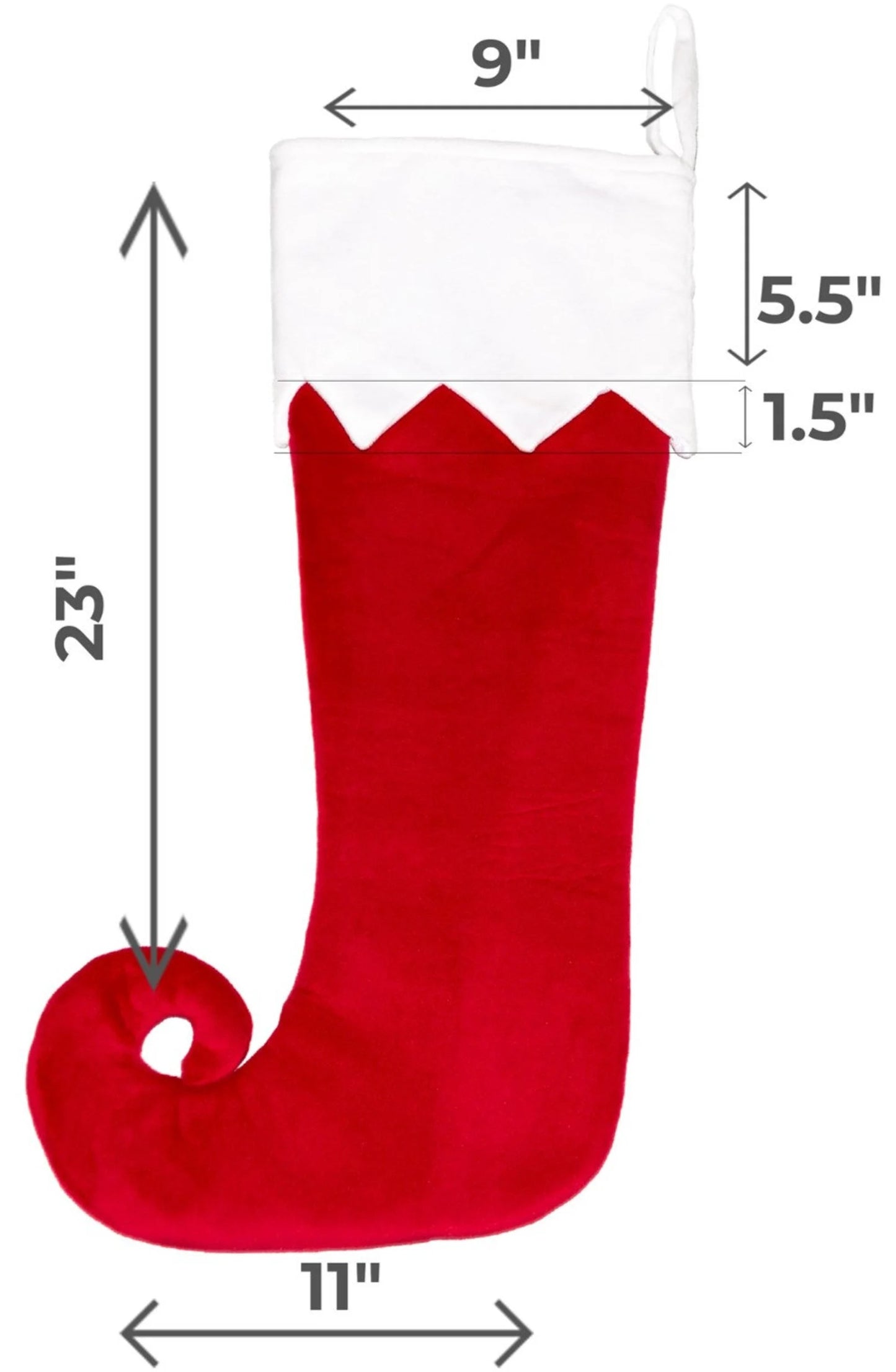 Red Christmas stocking with dimensions on a white background