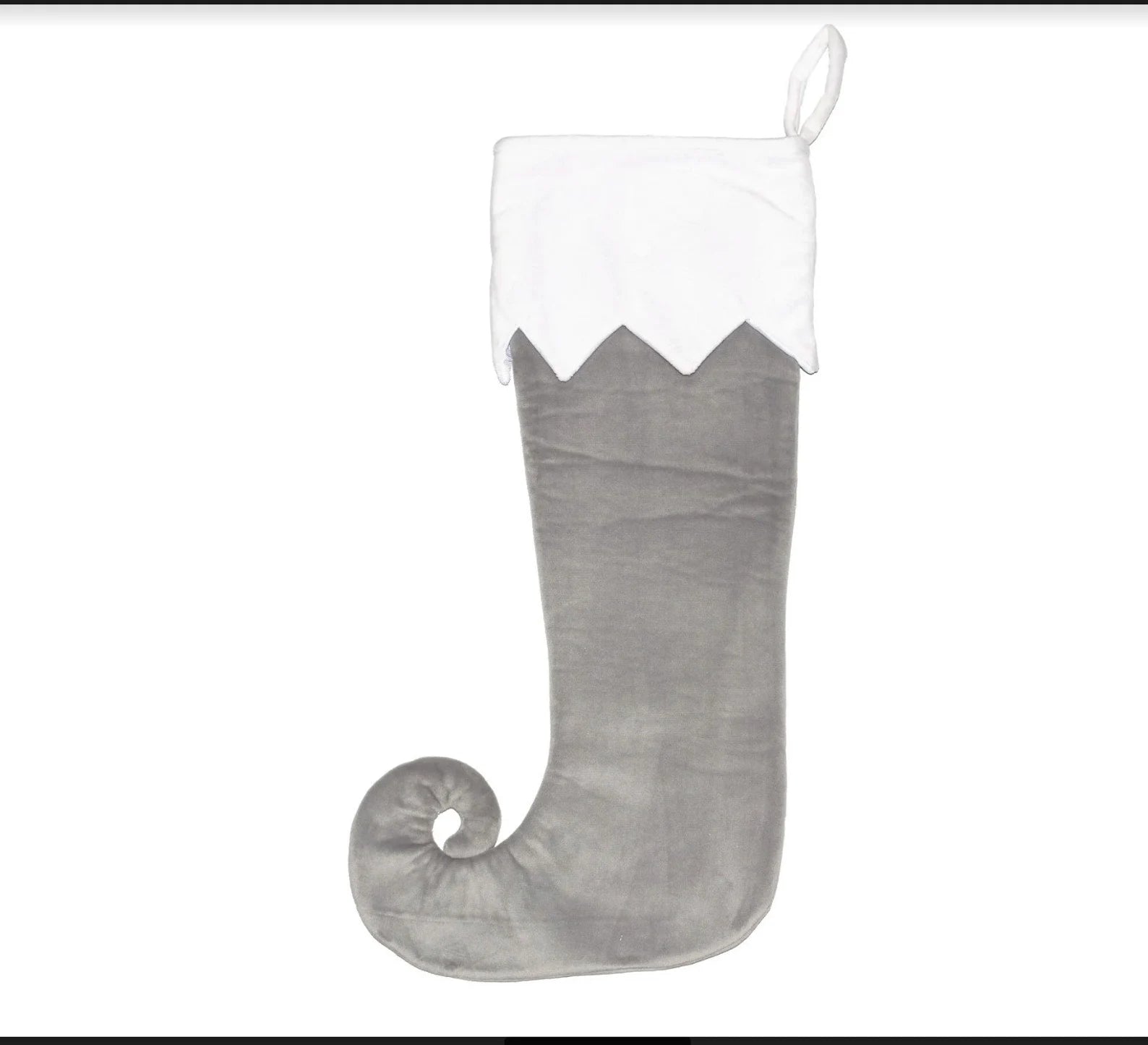 Gray Christmas stocking with white top on a white background