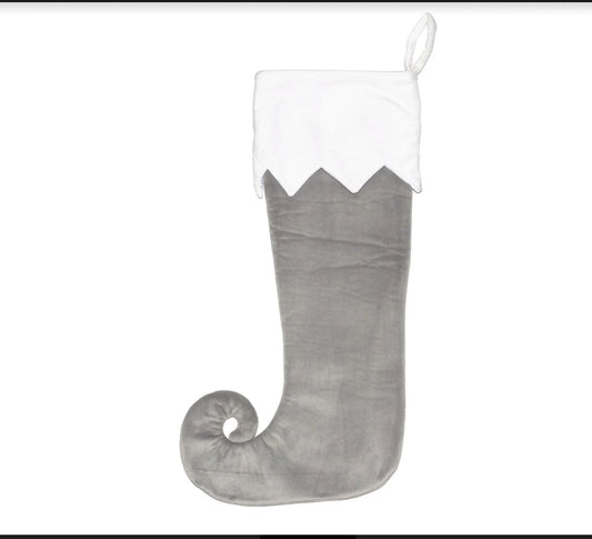 Gray Christmas stocking with white top on a white background