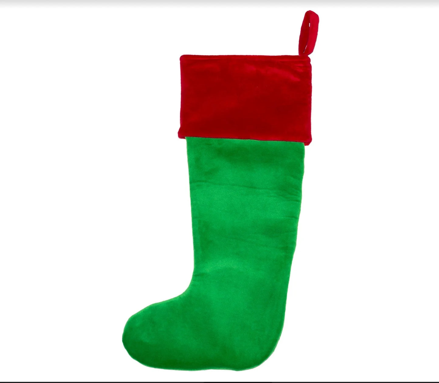 Green Christmas stocking with red top on a white background