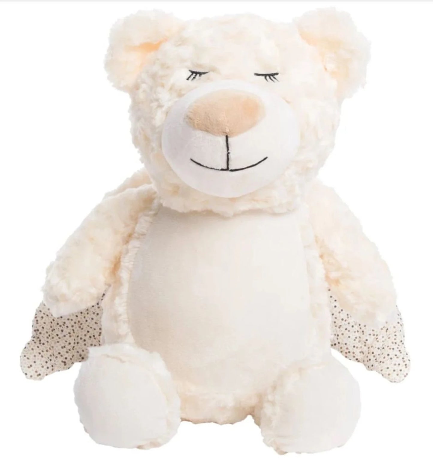 Plush teddy bear with a neutral expression on a white background