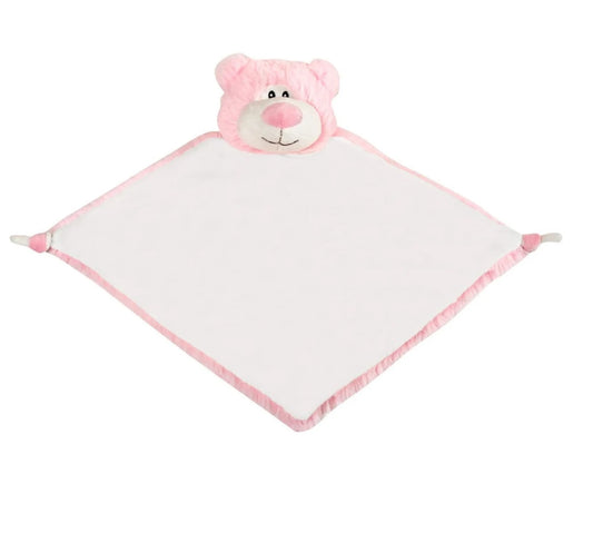 Pink teddy bear-shaped comfort blanket on a white background