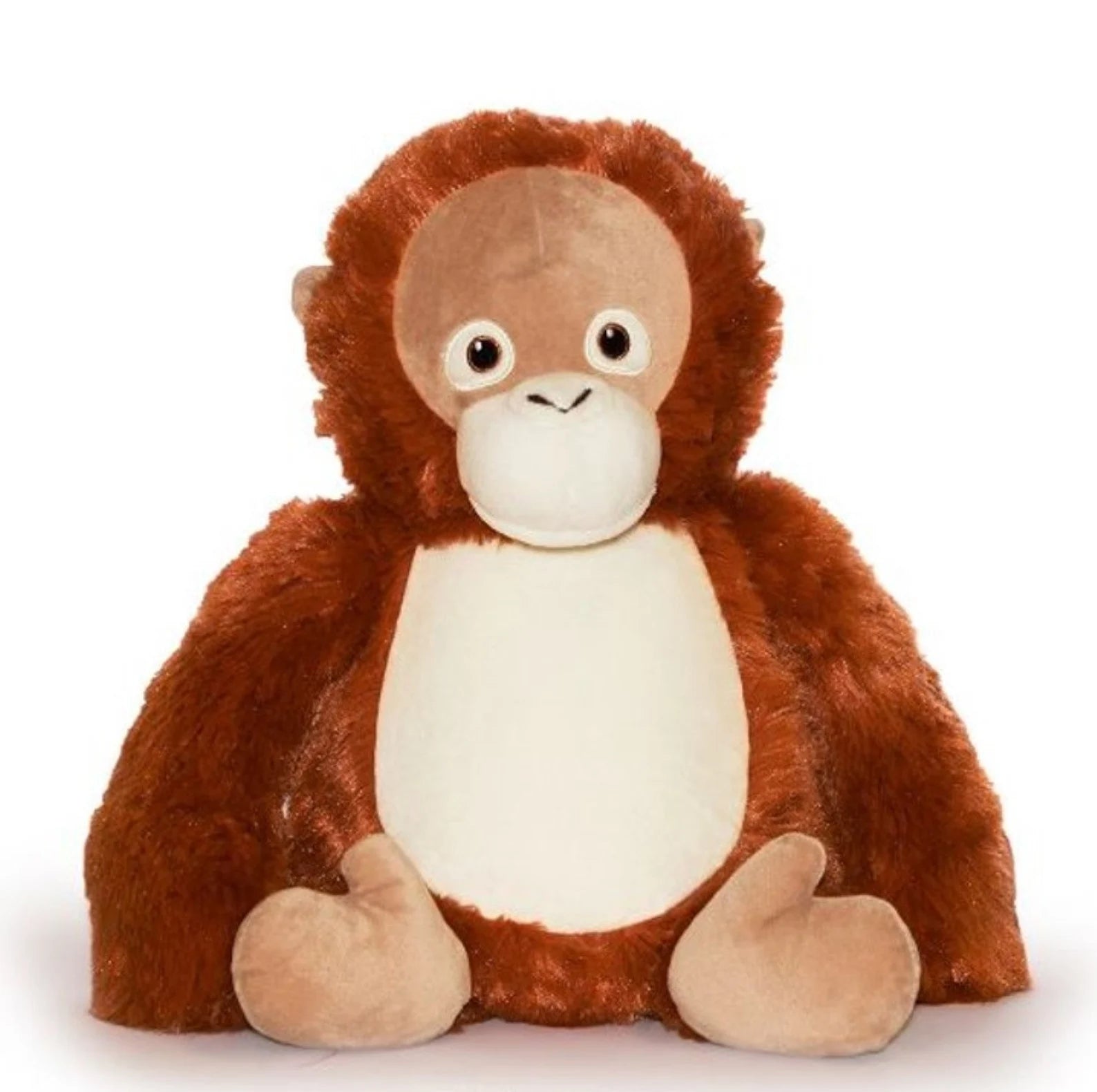 Plush monkey toy with brown fur and white belly on a white background