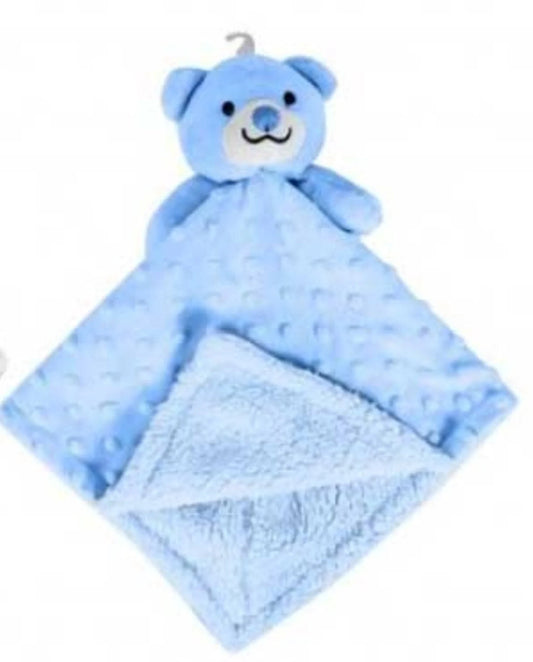 Blue teddy bear-shaped comfort blanket on a white background