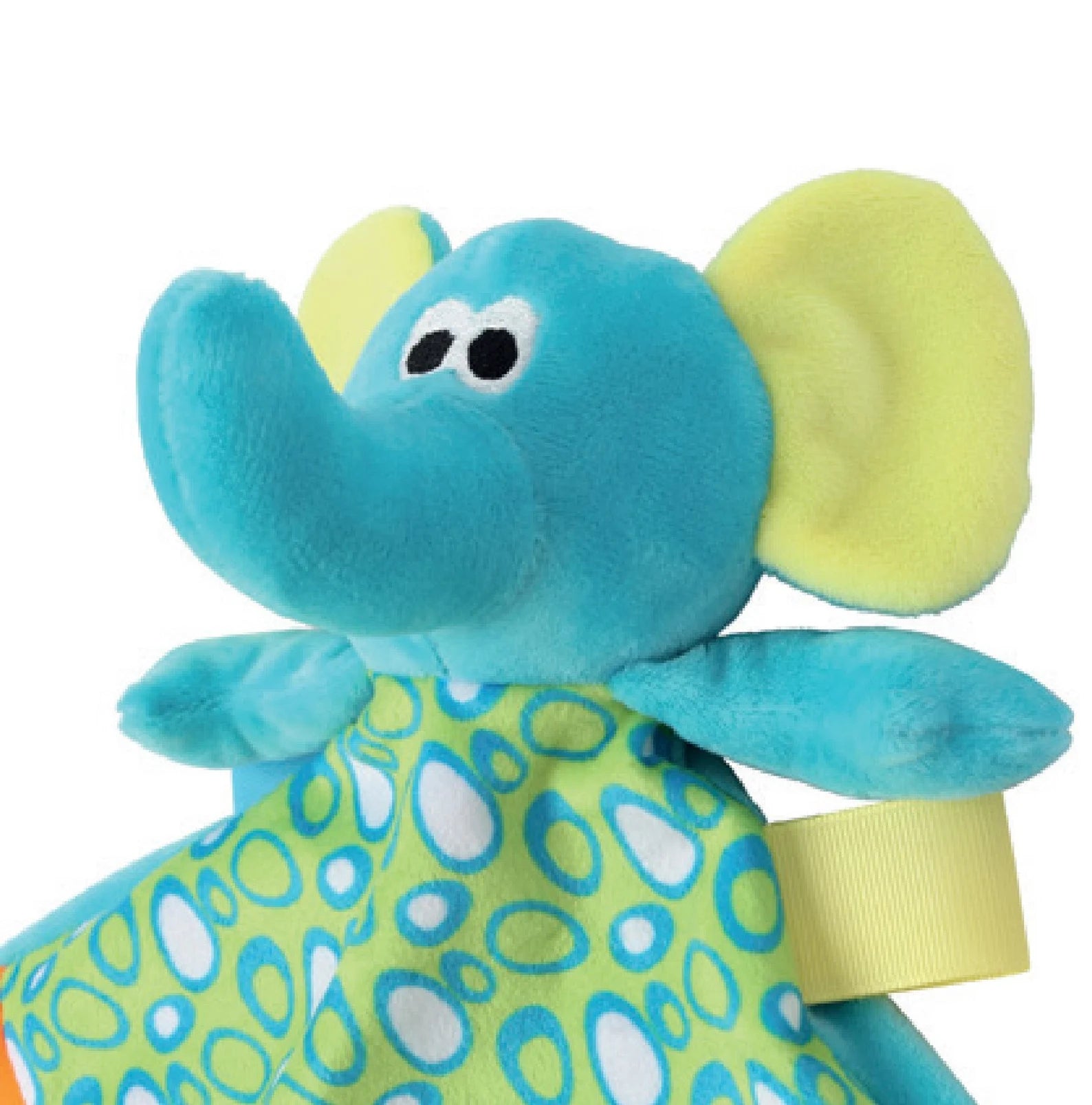 Close-up of a blue and yellow elephant plush toy with a patterned blanket.