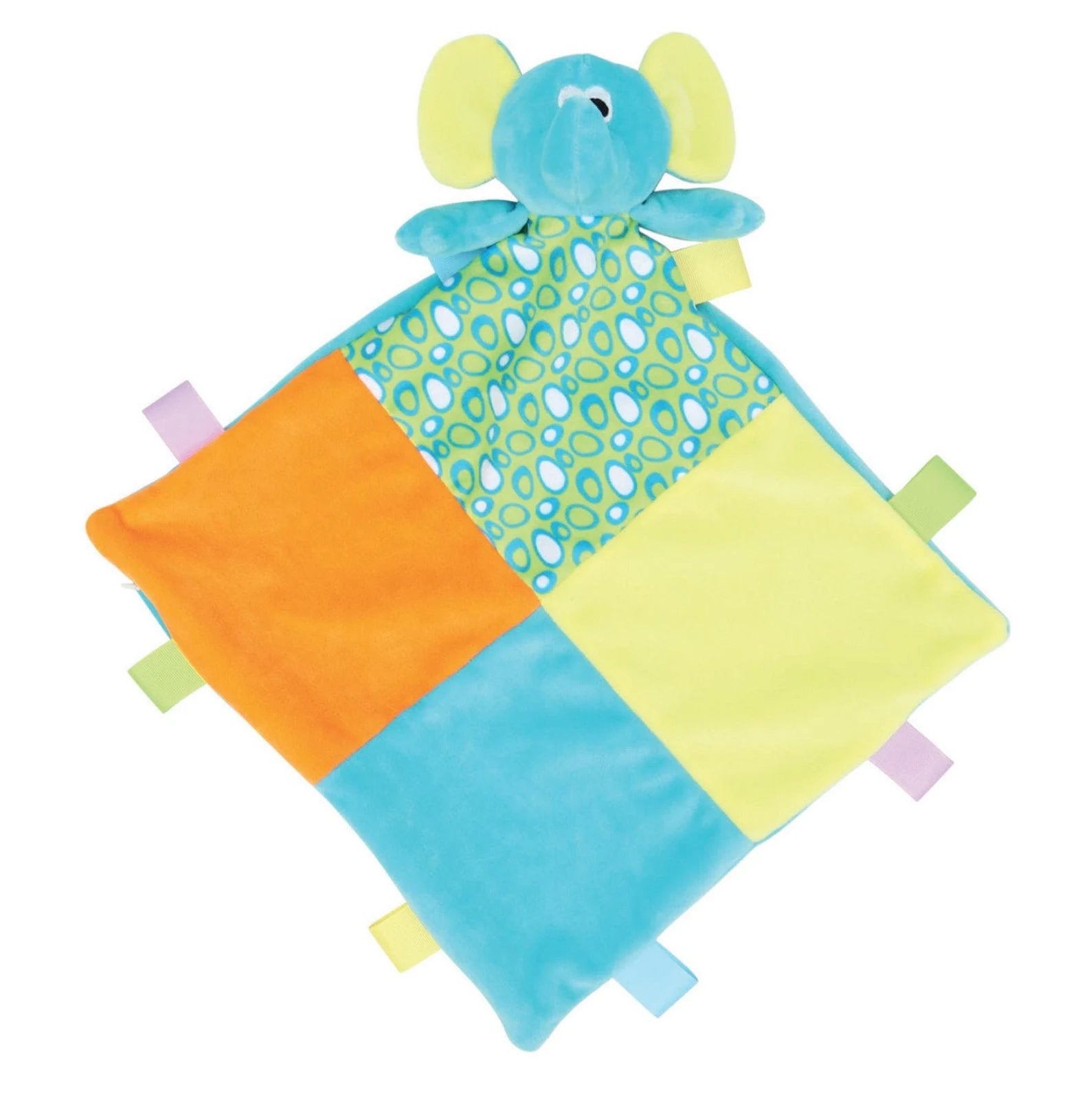 Colorful baby comfort blanket with a soft toy on a white background