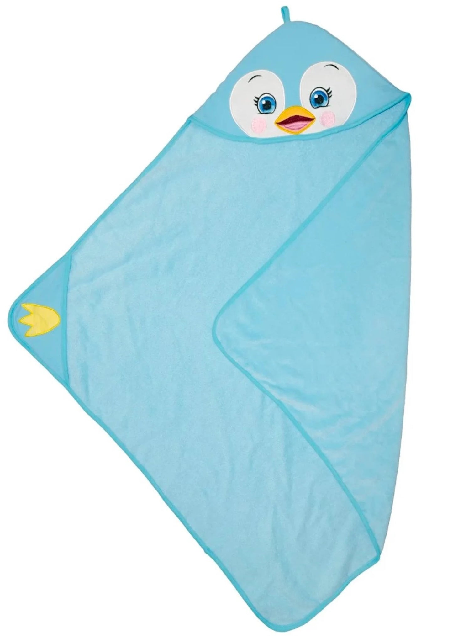 Blue baby towel with cartoon penguin face on a white background