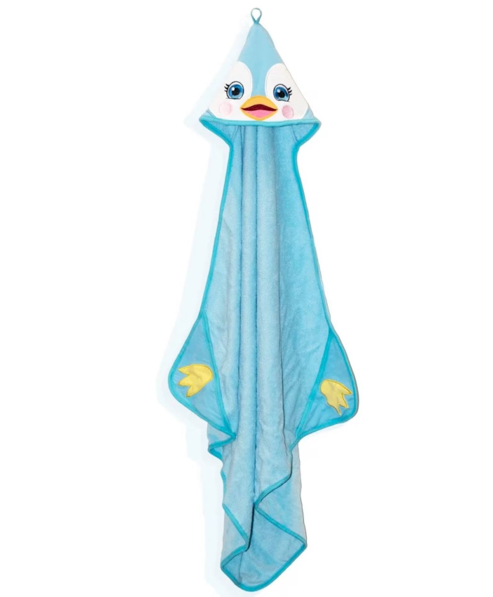 Blue hooded towel with cartoon duck face design on a white background