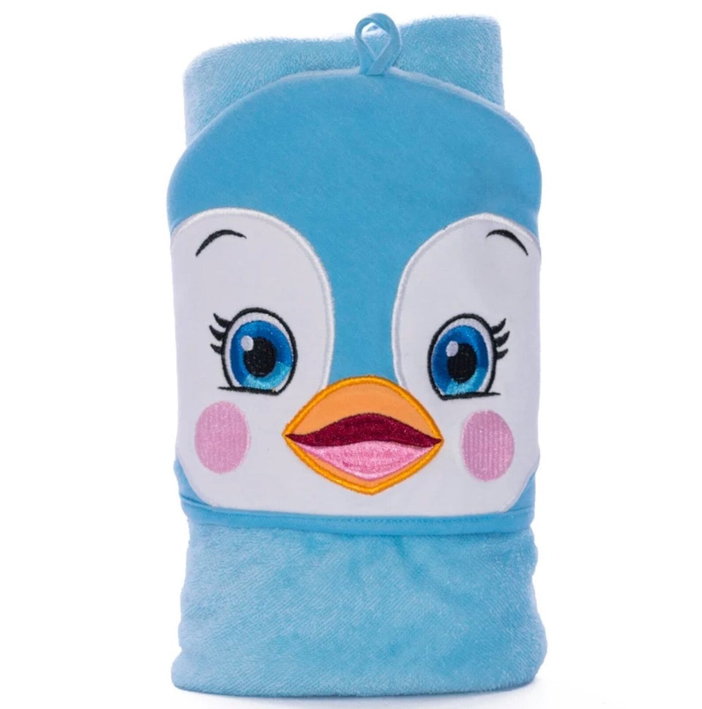 Blue hooded towel with a cartoon penguin face on a white background