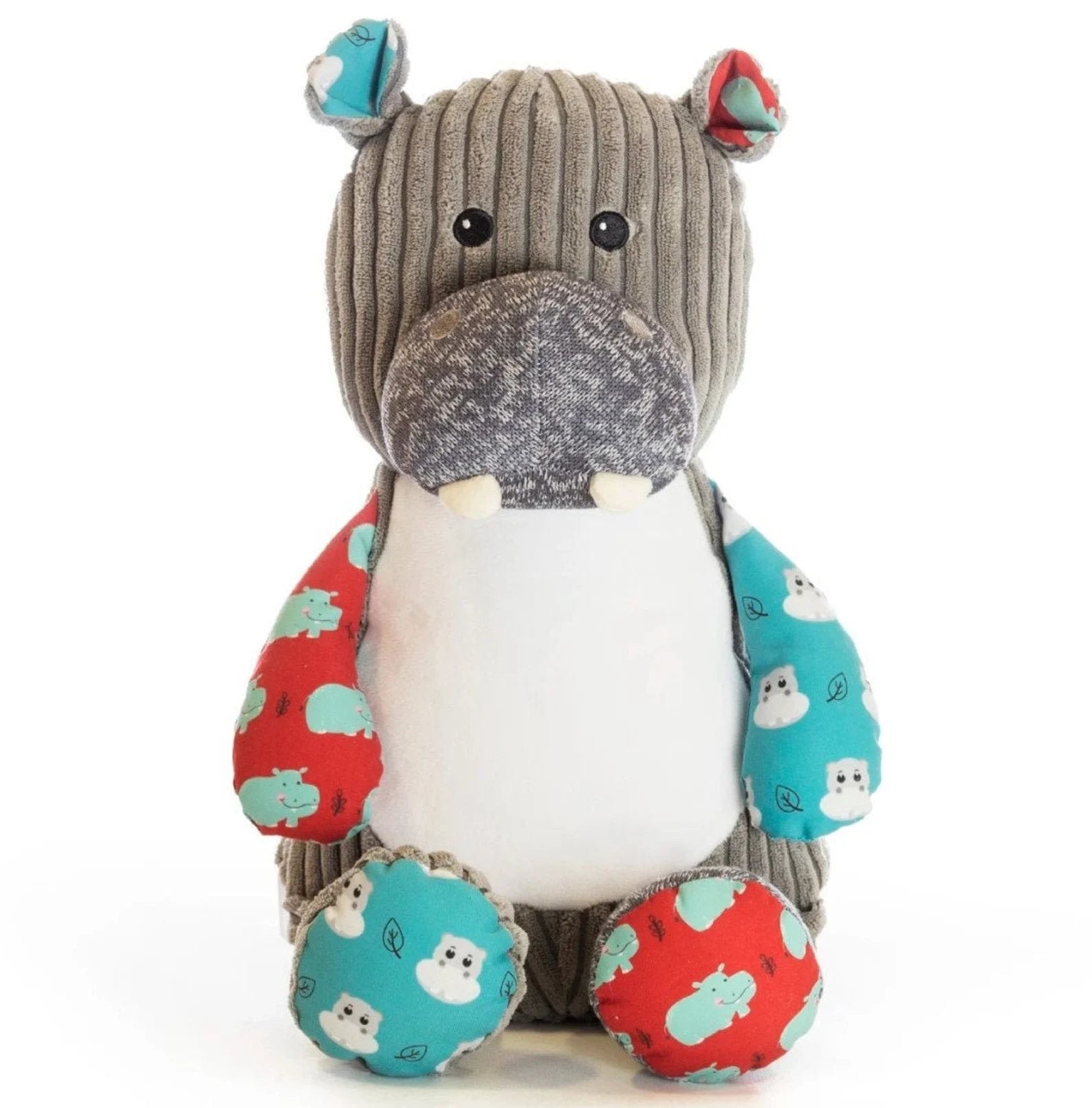Plush toy hippo with colorful patterns on a white background