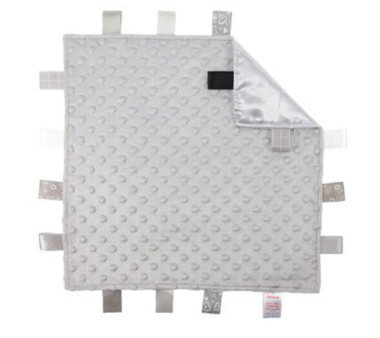 Gray textured blanket with tagless design on a white background