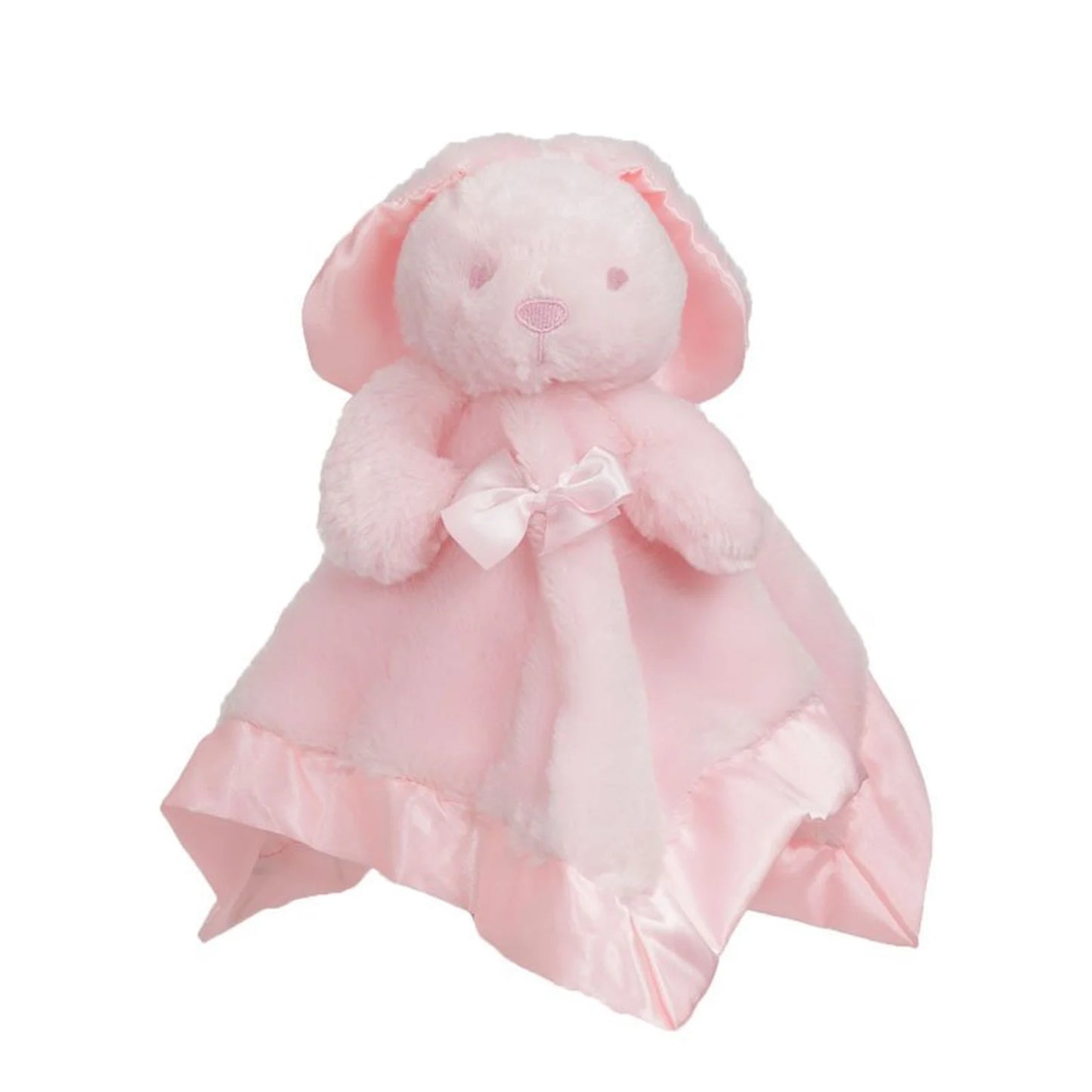 Pink plush toy with blanket on a white background