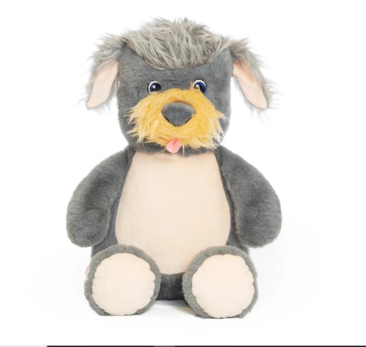 Plush toy resembling a dog with gray fur and yellowish-brown mouth area on a white background