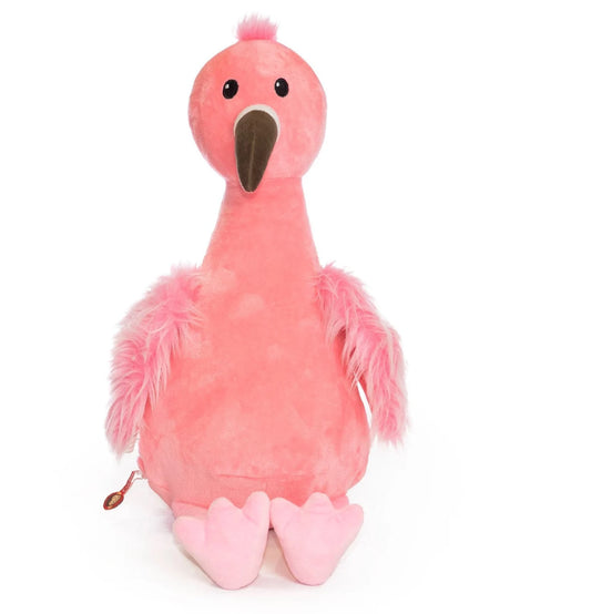 Pink plush flamingo toy on a white background