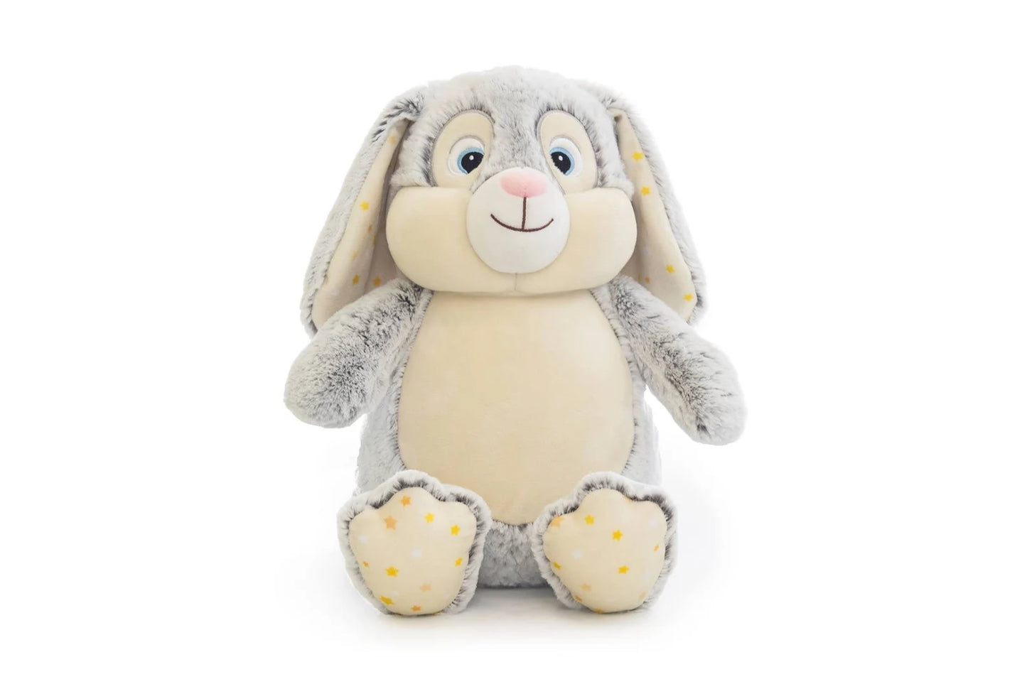 Plush toy rabbit with gray ears and white body on a white background