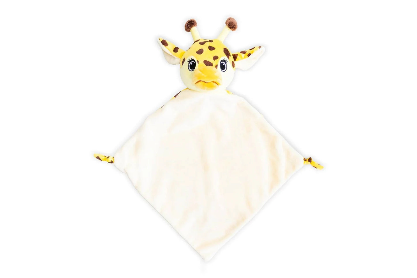 Plush giraffe toy with a white blanket on a white background